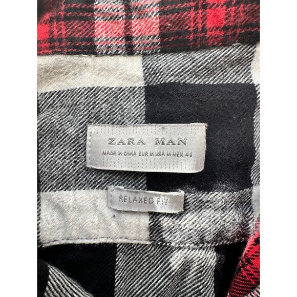 Zara Man Button Up Long Sleeved Elbow Patchwork Collared shirt plaid Men Size M - Picture 3 of 8